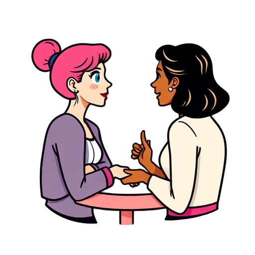 Twee vrouwen in gesprek aan een tafel.