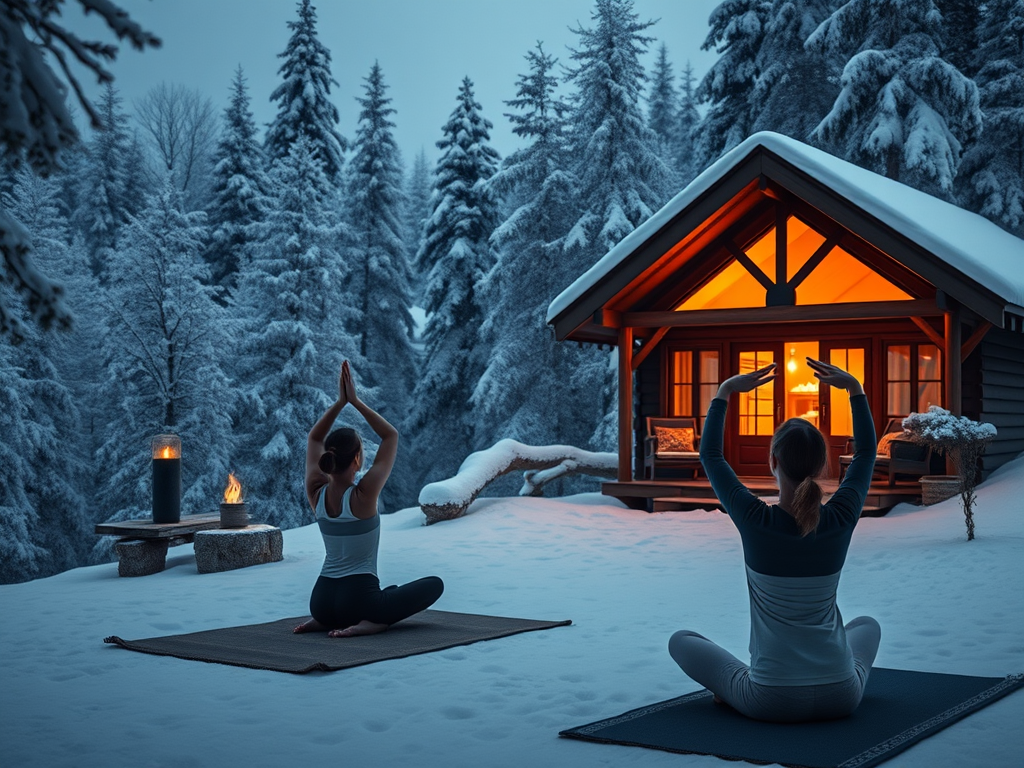 Een serene winterlandschap met yogabeoefening bij een hut.
