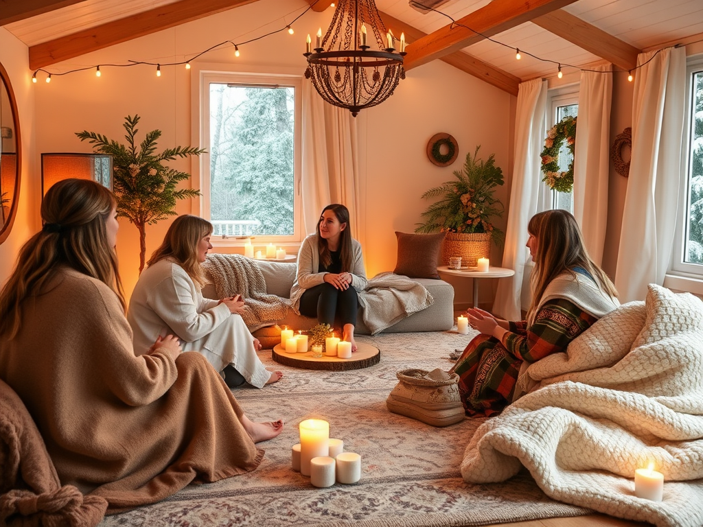 Een gezellige virtuele winterruimte met vrouwen en kaarsen.