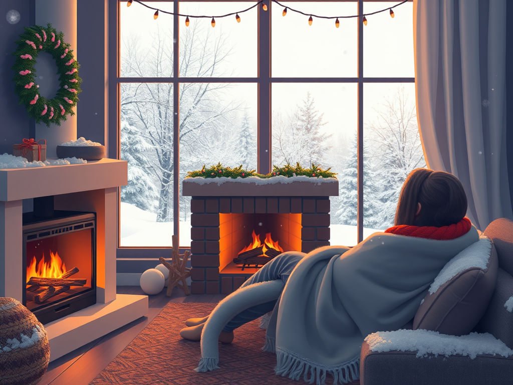 Een gezellige winterse retreat met een open haard en sneeuw.