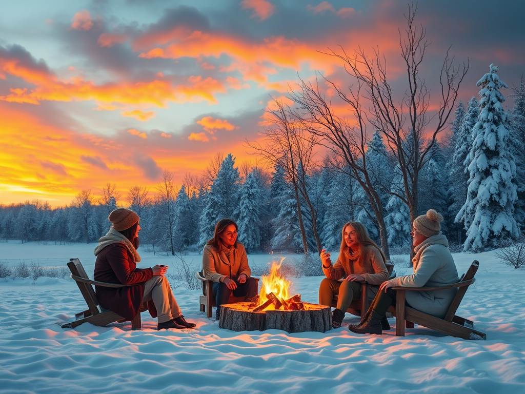 Vrouwelijke vrienden rond een vuur in een winterlandschap.