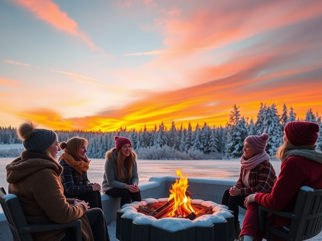 Vrouwen rond een vuur in een winterlandschap.
