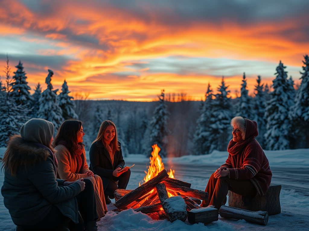 Vrouwen rond een vuurtje in een winterlandschap.