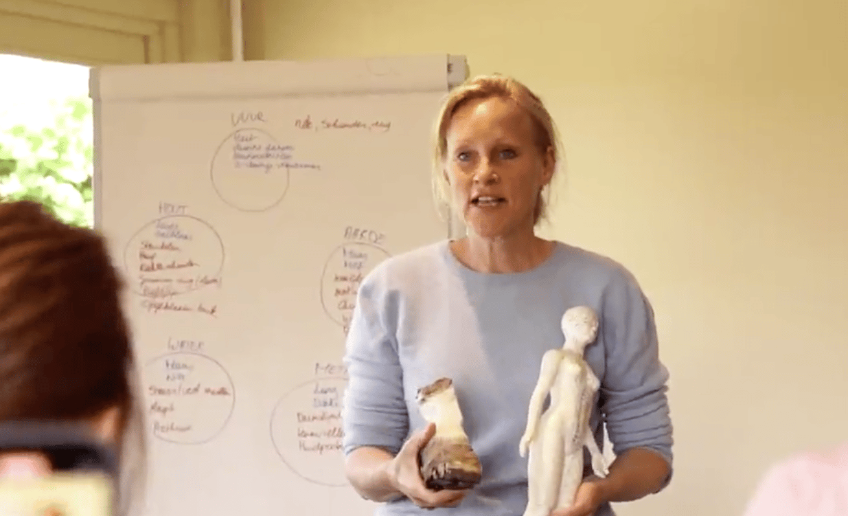 Evy, een blonde vrouw houdt een hoef van een paard vast en een pop met meridianen op getekend