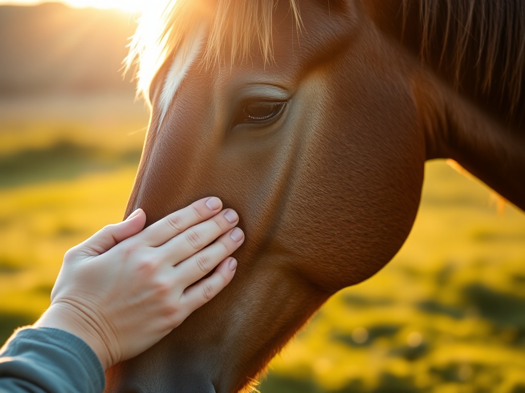 "Horse in sunlit meadow" "gentle caretaker applying soothing balm" "soft focus, warm golden hour lighting" "healing, calm atmosphere" "close-up on horse's eye and hand"