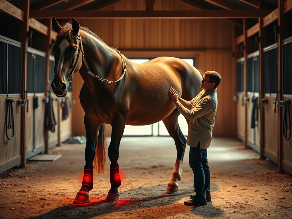 "elegant horse in stable" "infrared boots glowing soft red" "therapeutic hoof pads visible" "calm veterinarian adjusting bandage" "warm, serene lighting" "clean, professional equipment"