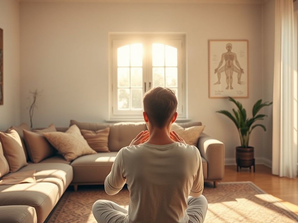 "A serene, sunlit living room with a calm person practicing acupressure on their hands, soft shadows, warm colors, subtle meridian diagrams on wall"