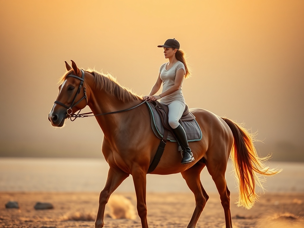 "A harmonious horseback scene in soft light, rider and horse connected through gentle acupressure poses, warm earthy tones, calm backdrop, subtle movement"