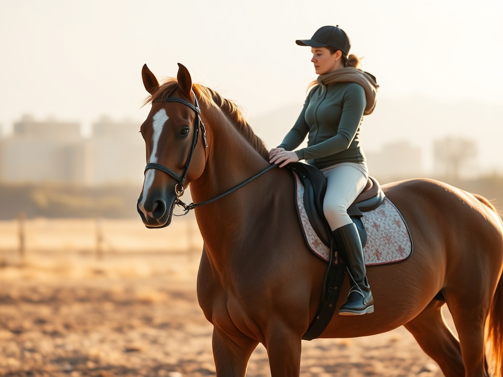 "A harmonious horseback scene in soft light, rider and horse connected through gentle acupressure poses, warm earthy tones, calm backdrop, subtle movement"