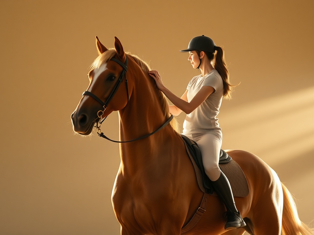 "A harmonious horseback scene in soft light, rider and horse connected through gentle acupressure poses, warm earthy tones, calm backdrop, subtle movement"