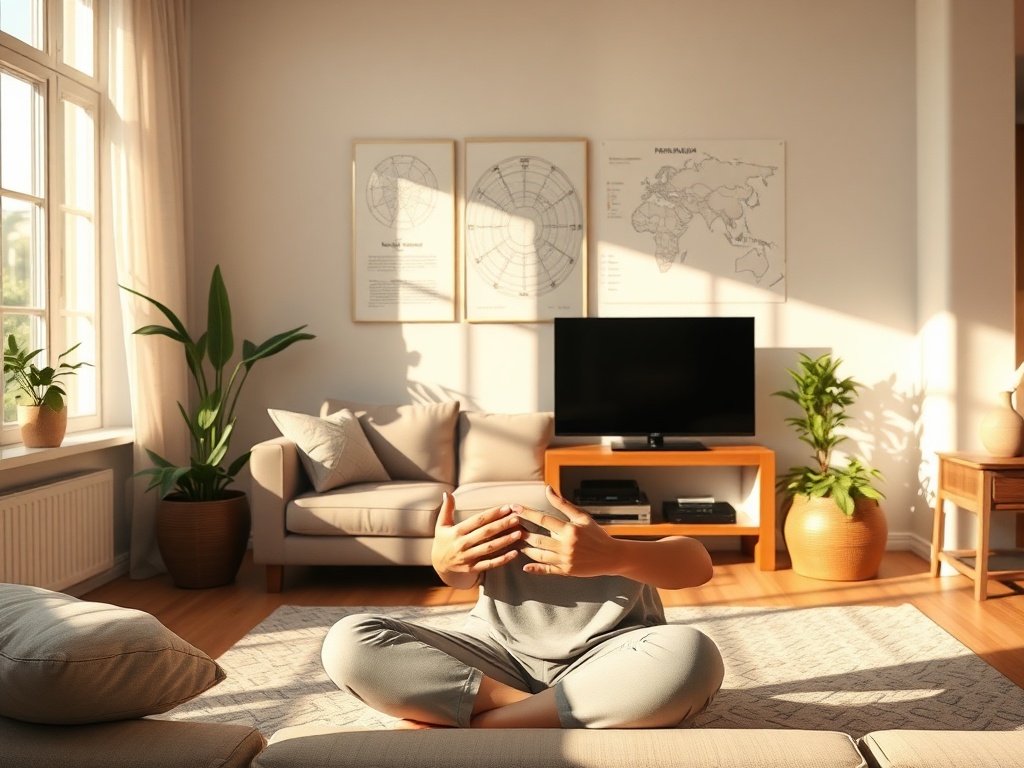 "A serene, sunlit living room with a calm person practicing acupressure on their hands, soft shadows, warm colors, subtle meridian diagrams on wall"