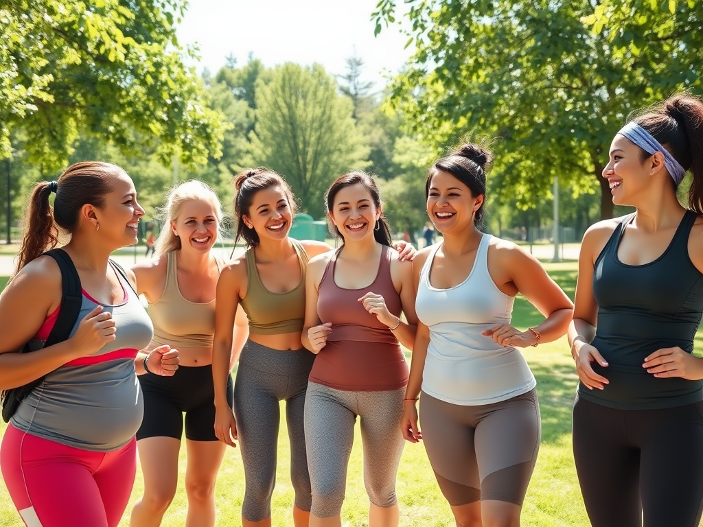 Een diverse groep moeders in sportkleding, lachend in een park.