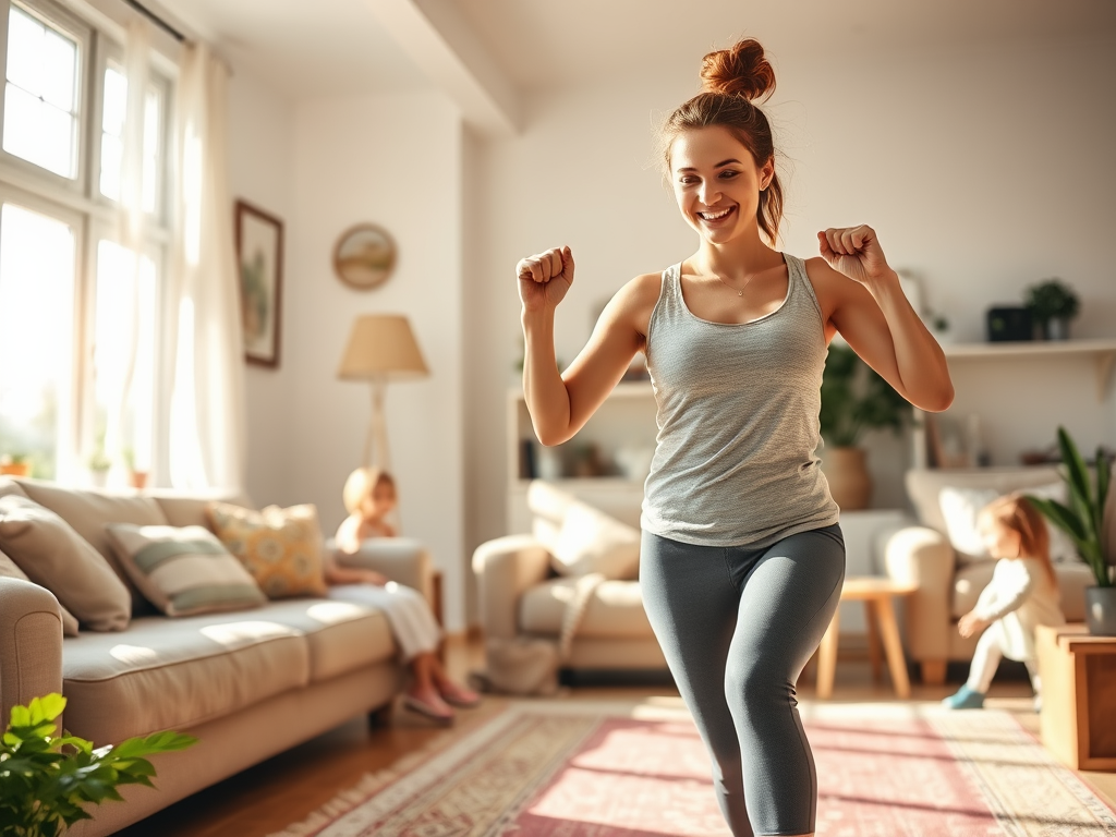 "happy young mother" "doing short home workout" "bright cozy living room" "children playing nearby" "summer sunlight streaming through windows" "sense of energy and motivation"