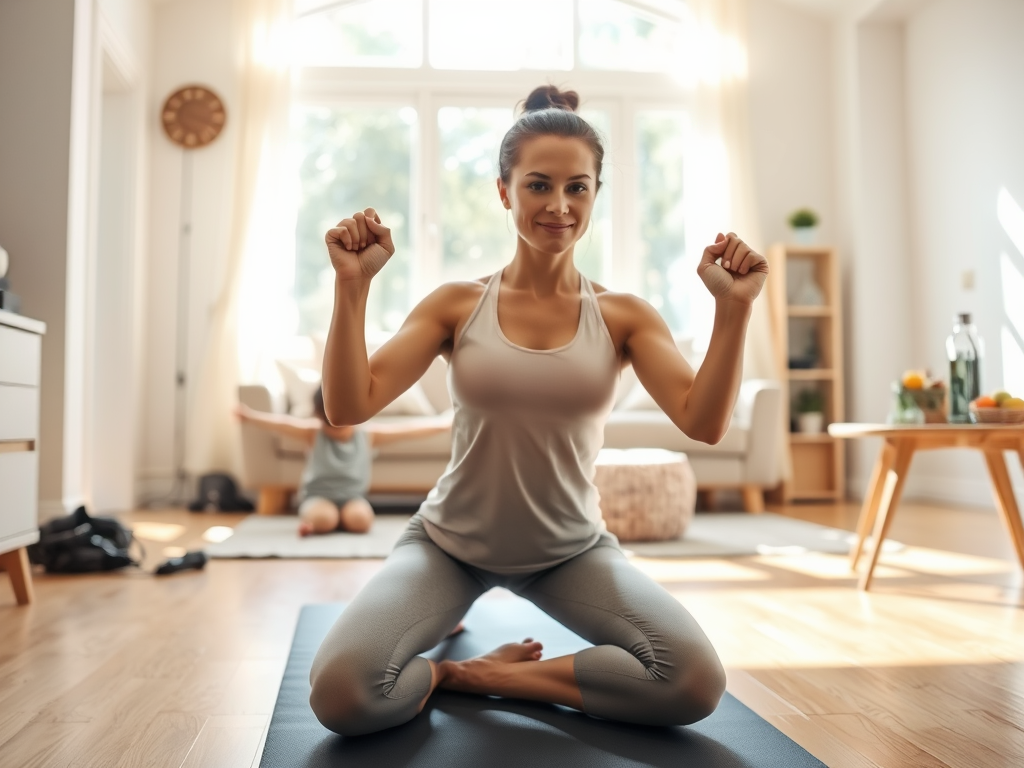 "a determined mother exercising at home" "bright, airy living room" "yoga mat on wooden floor" "sunlight streaming through window" "minimal workout equipment" "smiling child playing nearby" "fresh fruits and water bottle on table"