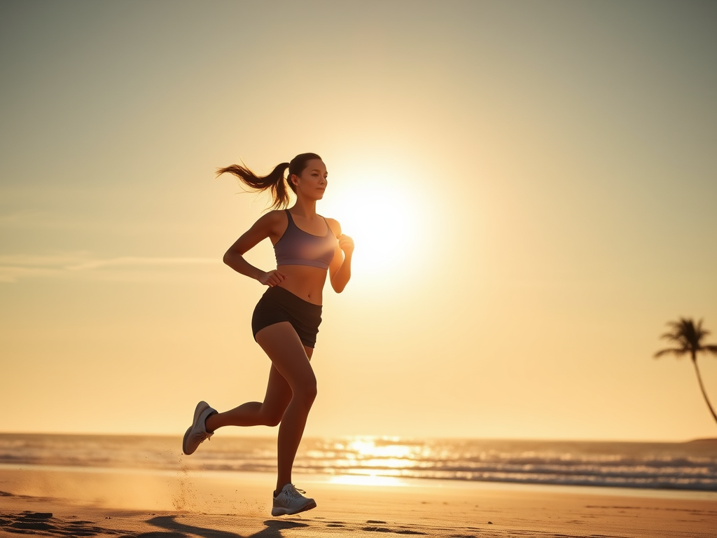 "dynamic woman jogging on sunny beach" "vibrant sunrise sky" "silhouettes of palm trees" "energy and strength in motion" "warm, uplifting atmosphere"