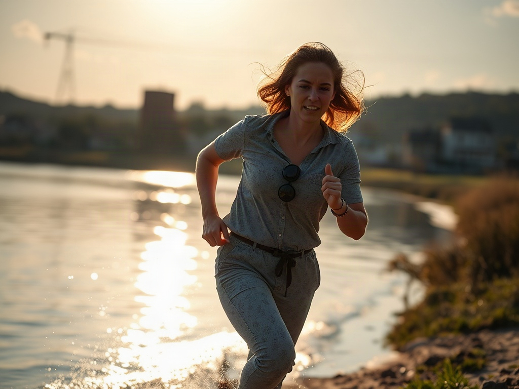 "A weary woman running through swirling household and work tasks, pausing at a quiet sunlit waterside, hand on heart, hopeful and serene."
