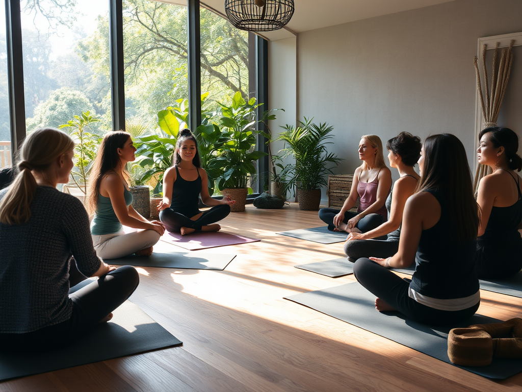 Vrouwelijke groep in yogastudio, in gesprek en ontspannen.