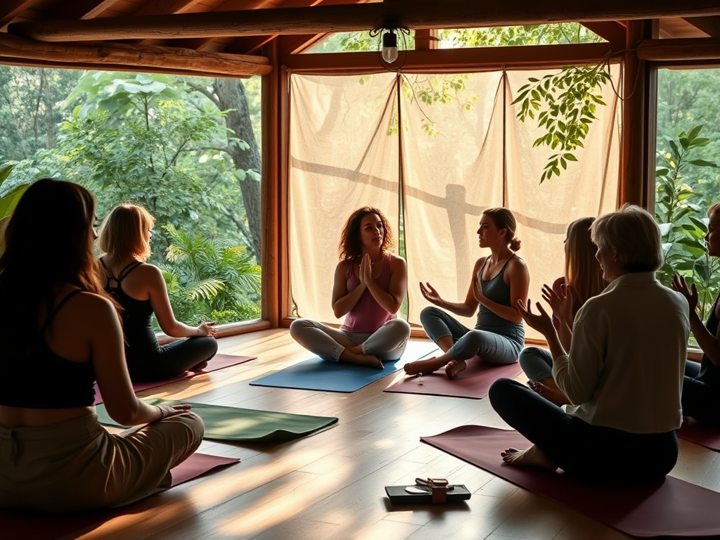 Een serene workshop met vrouwen in discussie, omgeven door natuur.