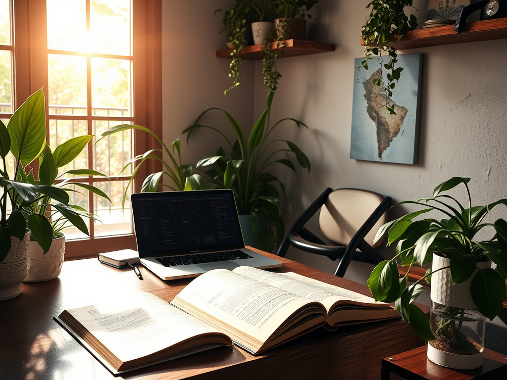 Een rustige werkplek met boeken, een laptop en planten.