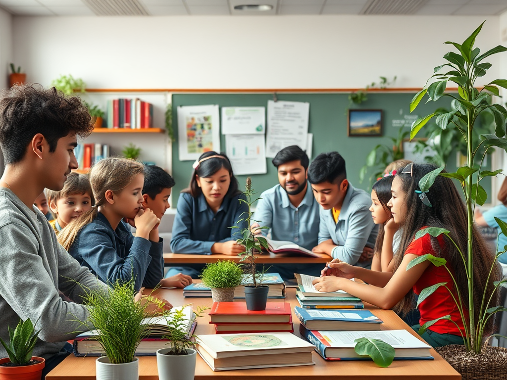 Een serene klaslokaal met diverse, betrokken studenten.