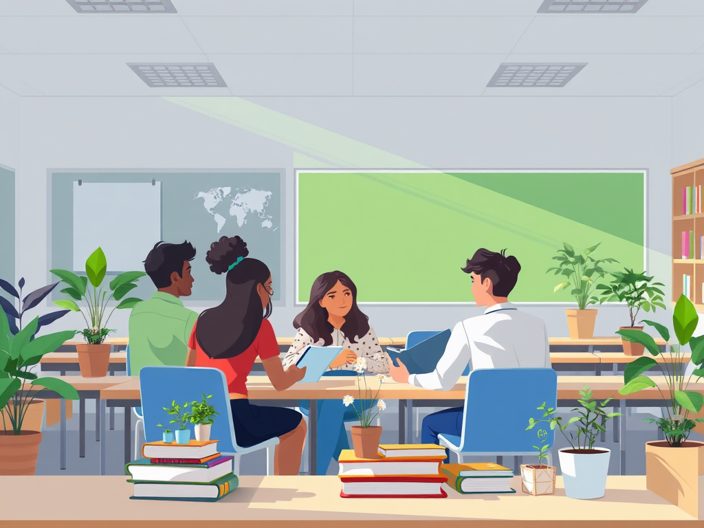 Een rustige klas met diverse, betrokken studenten.