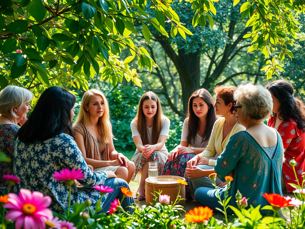 Een diverse vrouwenkring die inzichten deelt in de natuur.