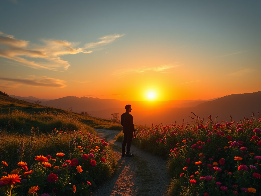 Een silhouet van een persoon bij zonsopgang, omringd door bloemen.