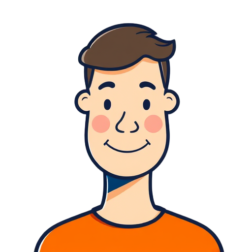 Een cartoonachtige jongen met een grote glimlach.