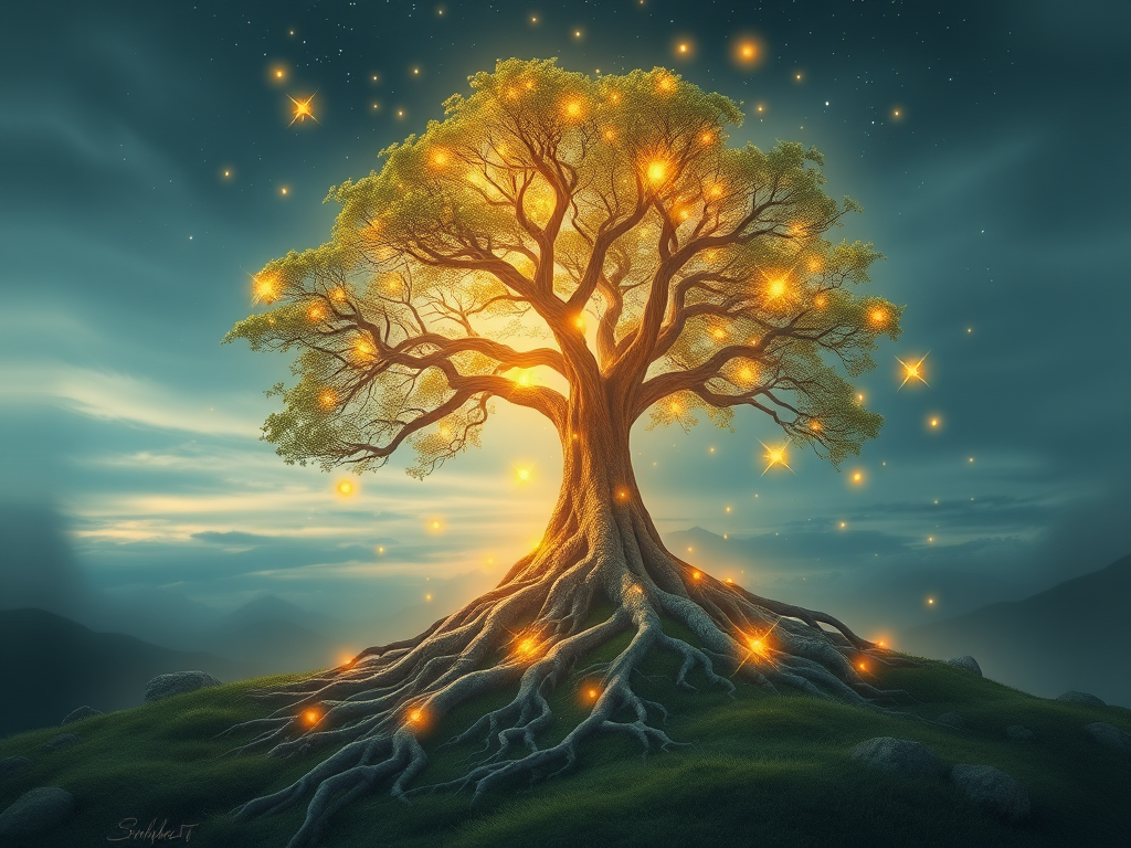 Een gloeiende boom met complexe wortels en etherische lichten.