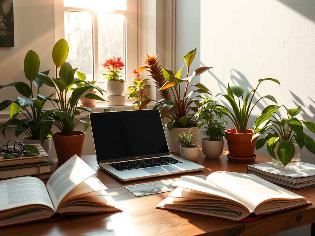 Een serene werkplek met boeken, een laptop en planten.