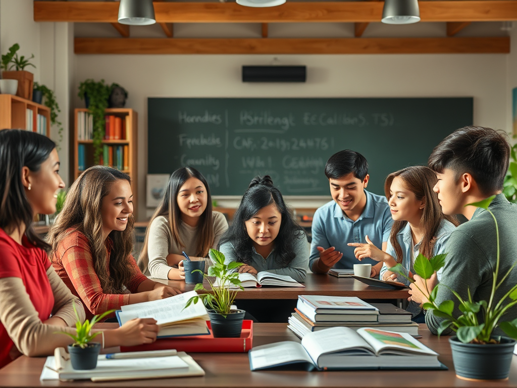 Een klaslokaal met een diverse groep studenten die ideeën delen.