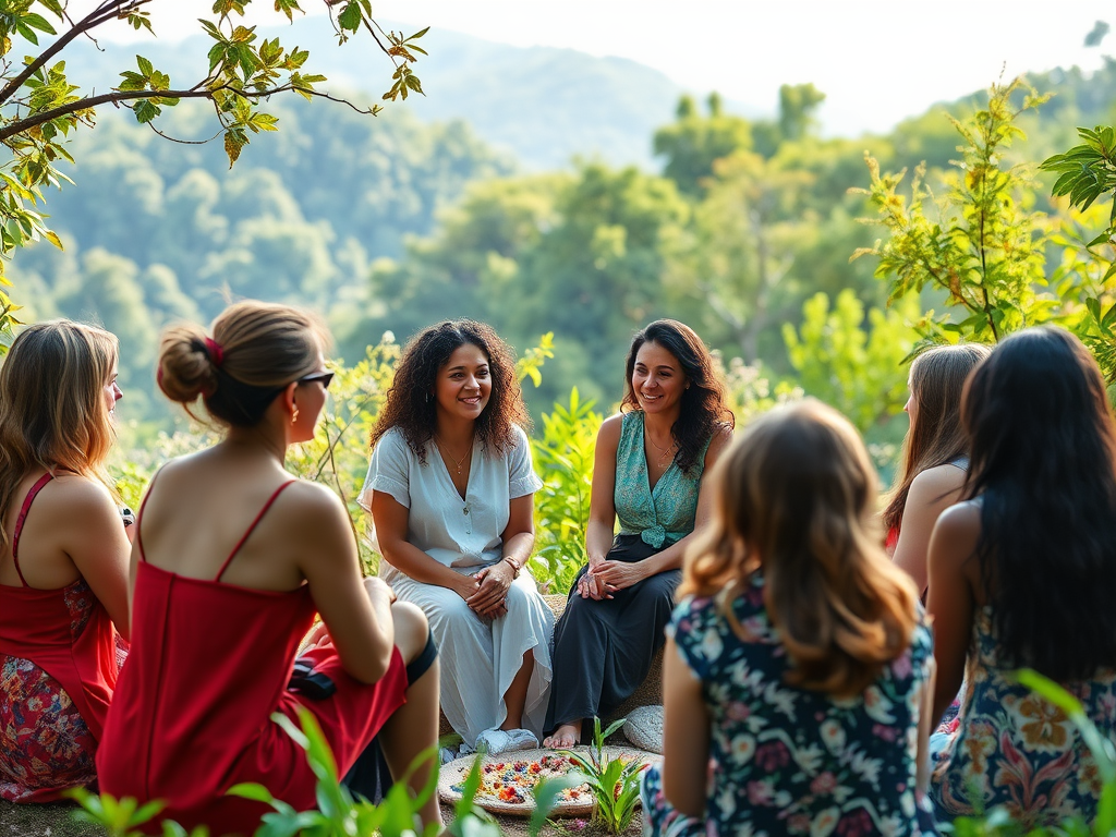 Vrouwen in een masterclass, omringd door natuur.