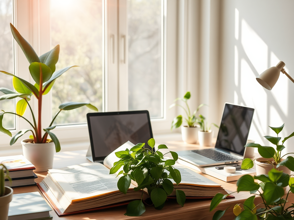 Een serene werkplek met boeken, laptop en planten.