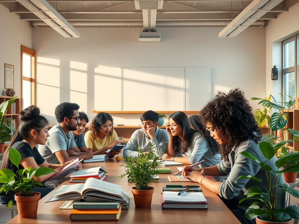Een klaslokaal met een diverse groep studenten die ideeën delen.