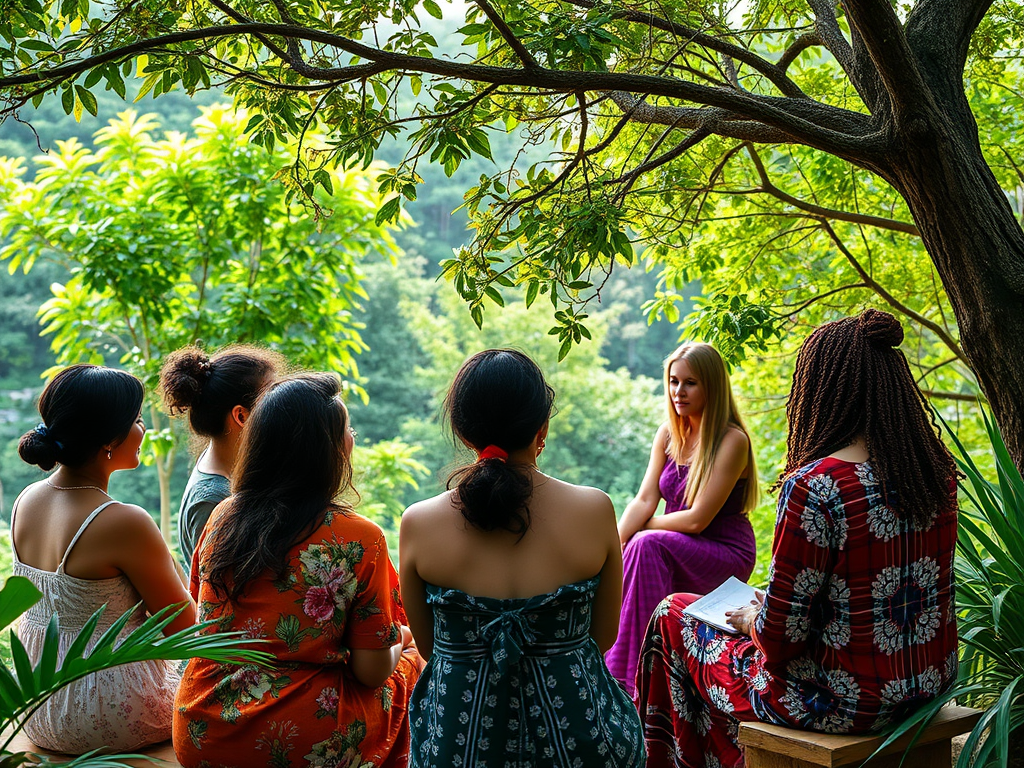Een groep vrouwen in een masterclass te midden van de natuur.