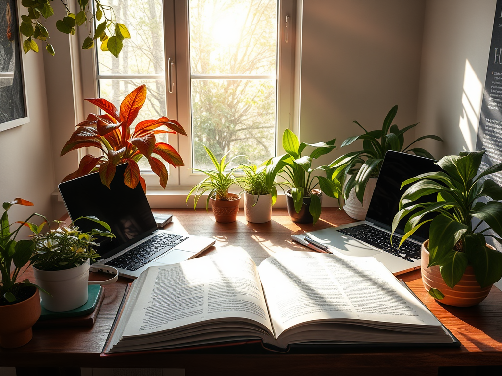 Een serene werkplek met boeken, laptops en planten.