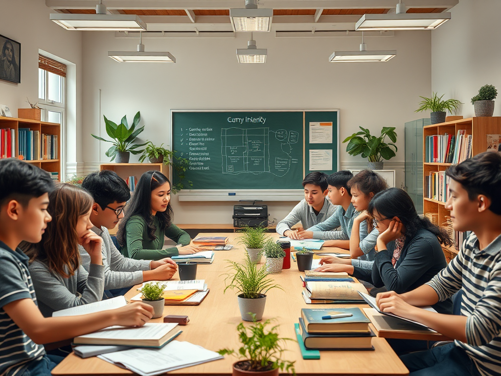 Een klaslokaal met een diverse groep studenten die ideeën delen.