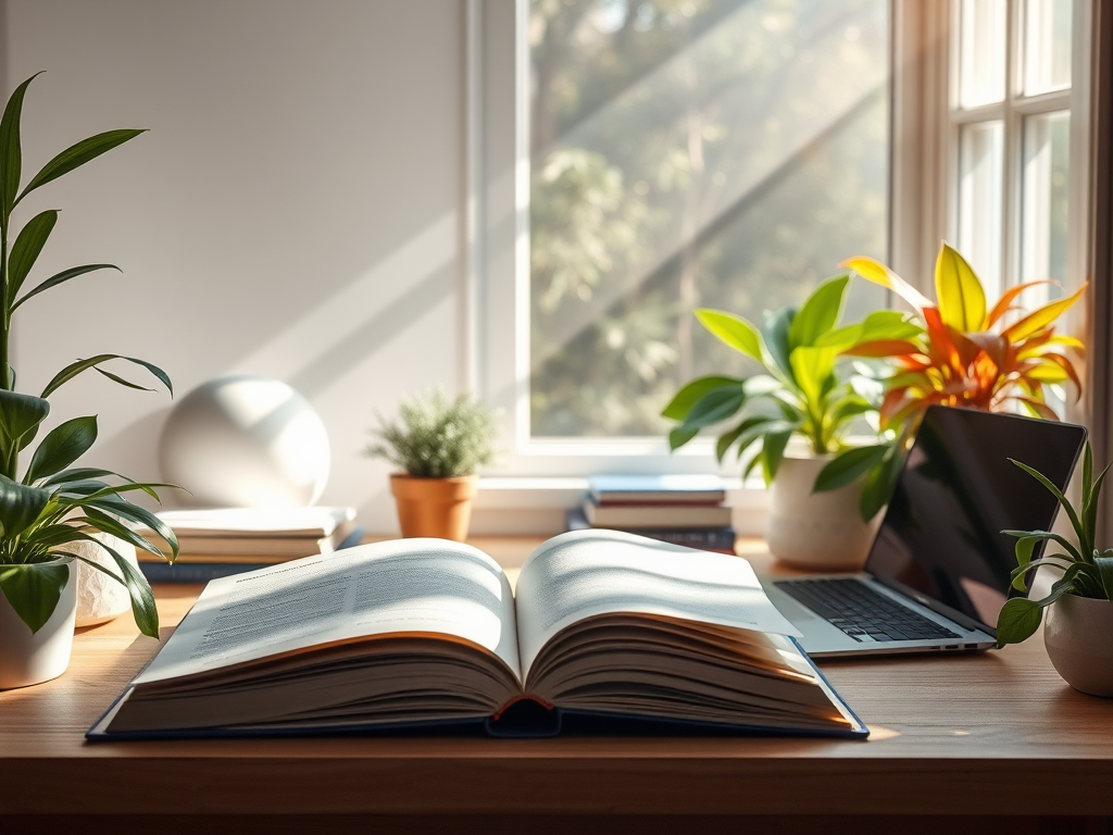 Een serene werkplek met open boeken en planten.