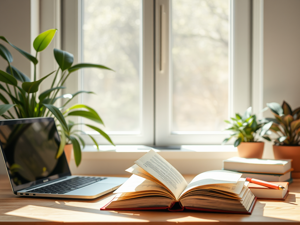 Een rustige werkplek met boeken, een laptop en planten.