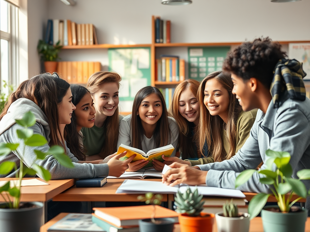 Een serene klaslokaal met een diverse groep studenten die ideeën delen.