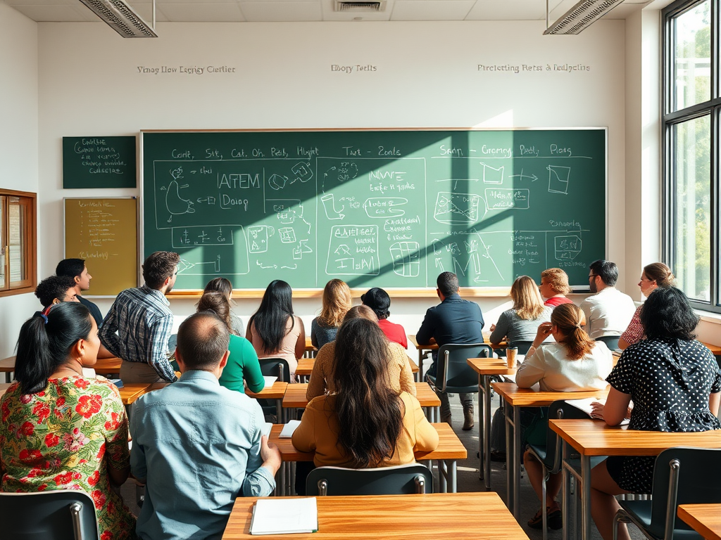 Een levendige klas met diverse leerlingen en een krijtbord.