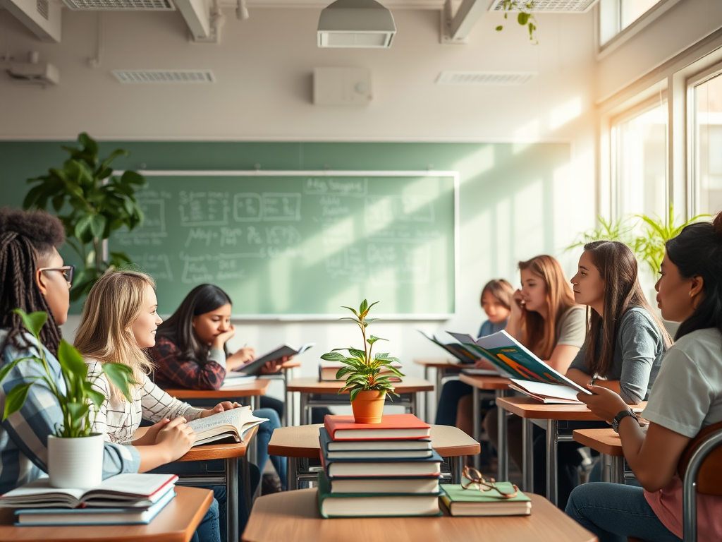 Een rustige klas met diverse, betrokken studenten.