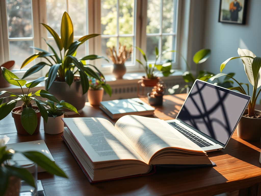 Een rustige werkplek met boeken, een laptop en planten.