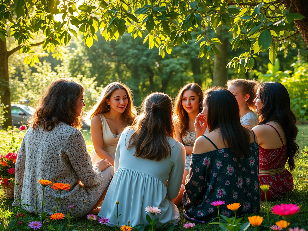 Een serene vrouwenkring in de natuur, delen van inzichten.