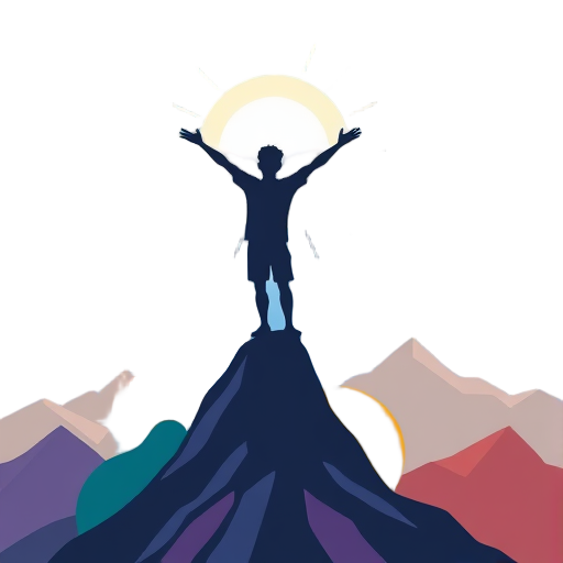 Een silhouet van een persoon op een bergtop met armen omhoog.