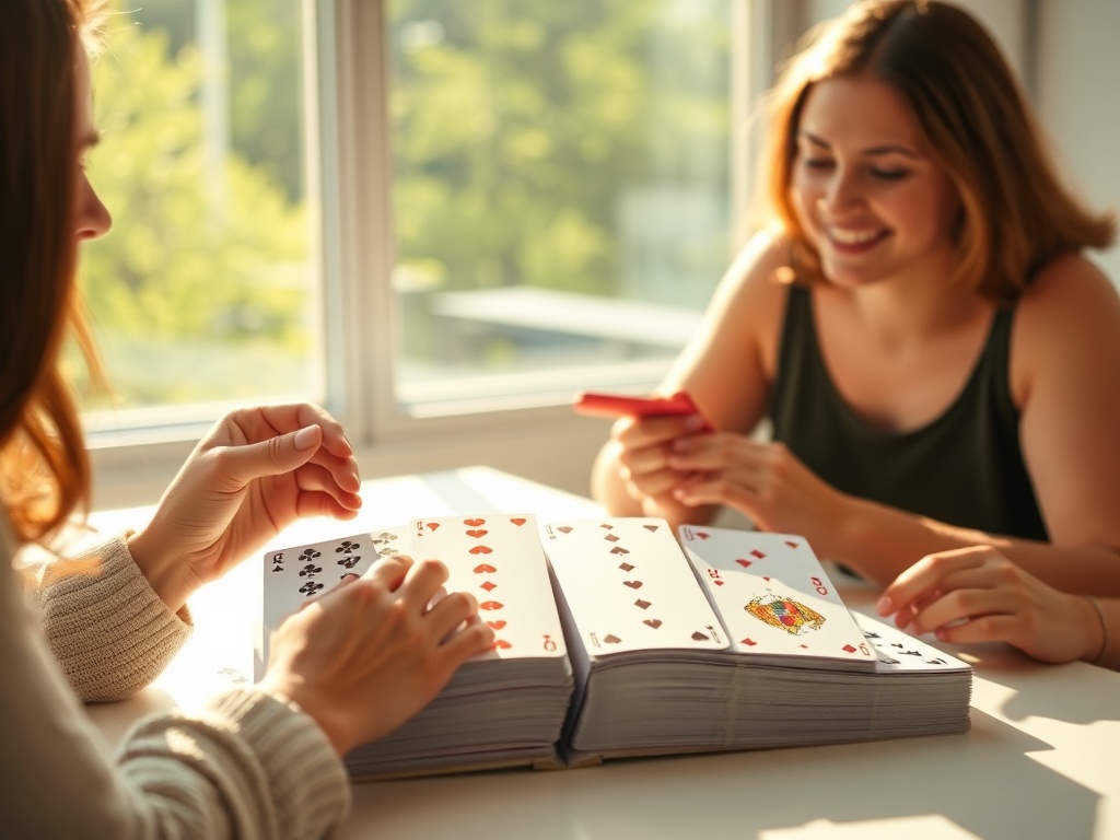 “Sunlit coaching scene with open deck of 144 double-sided cards, hands reviewing patterns, warm satisfied expressions, subtle calm energy lines, modern desk.”