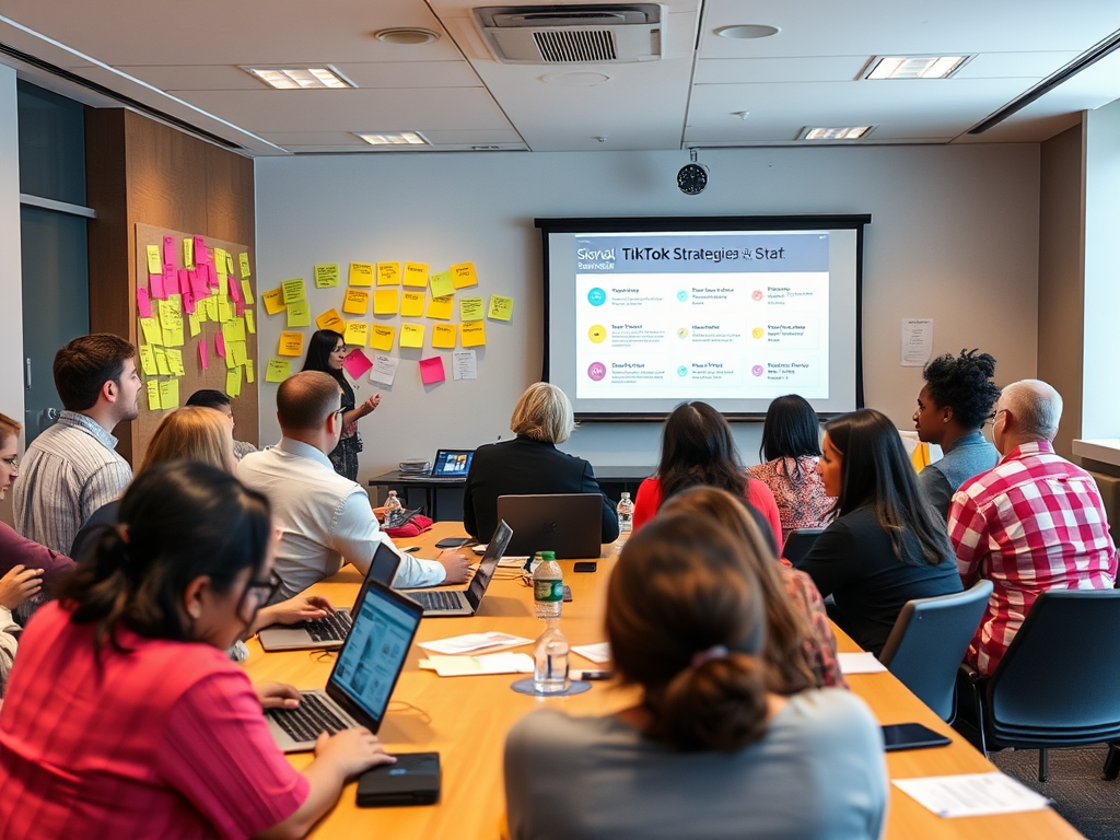 Een levendige workshop met deelnemers en een presentatie over TikTok.