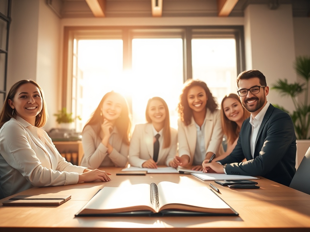 "warm summer sunlight over a calm office desk, open notebook, smiling diverse professionals in soft focus, floating blank speech bubbles, hopeful atmosphere, modern neutral colors"