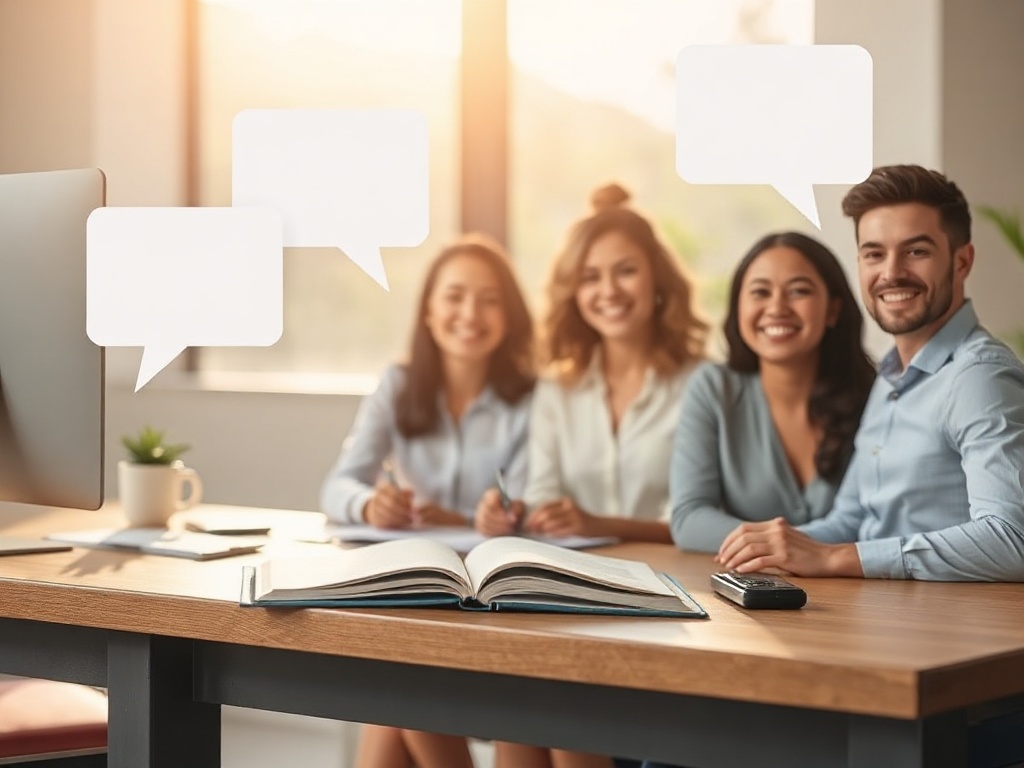 "warm summer sunlight over a calm office desk, open notebook, smiling diverse professionals in soft focus, floating blank speech bubbles, hopeful atmosphere, modern neutral colors"