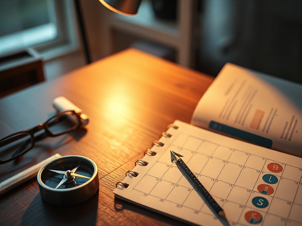 "Sunlit desk" "compass" "upward arrow path" "overlapping calendar pages" "quiet practice notes" "warm glowing client circles" "dynamic sprint energy". "You MUST not include ANY brand images or logos."